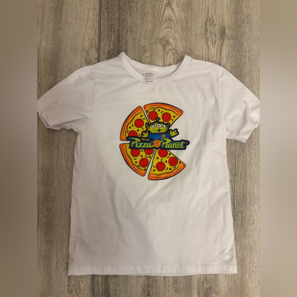 White Short Sleeve Tee with Disney Toy Story Pizza Plant Design
